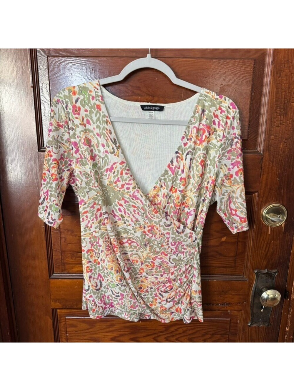 Artistic Boho Abstract Floral & Paisley Faux Wrap Top V-neck Top Size S